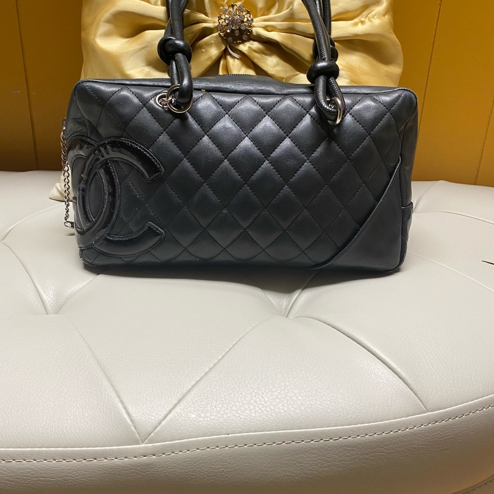 100% Authentic Chanel Cambon line bowling bag lambskin leather with black enamel